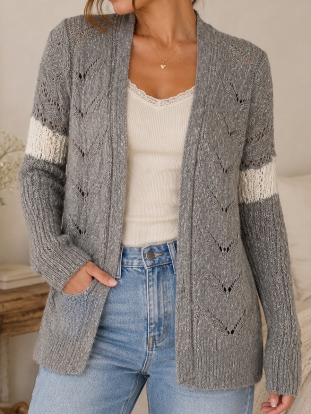 Hollister Cardigan Sweater Womnes Size XS Gray Open Knit Academia Y2K Grunge